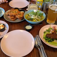 Jerk tofu, gyoza, green curry, root vegetable chips, fried mushrooms at Meat is Dead in Leeds