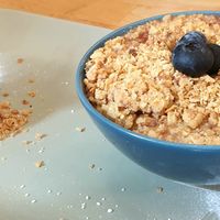 Berry crumble and ice cream at Meat is Dead in Leeds