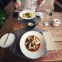 
Tofu with vegetable jus - shitake, daikon, shimeji
 and burger with curry at Avista Restaurant in Funchal