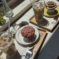 Two cafe lattes, one strawberry muffin, and one cinnamon muffin   at Ovgo B.A.K.E.R Edo St in Tokyo