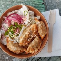 Japche rice combo with dumplings at KSF (Korea Street Food) in Ljubljana