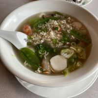 Sizzling rice soup!  With much fish balls! at Asian Vegan Bistro in Bakersfield
