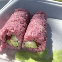 Beet Sushi: it’s so pretty but the rice wasn’t sushi rice. It was very plain.  at Asian Vegan Bistro in Bakersfield