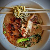 Spicy Creamy Soy Milk Ramen 🍜 at Asian Vegan Bistro in Bakersfield