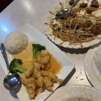 chowmein with beef and orange chicken (halfway eaten lol)  at Asian Vegan Bistro in Bakersfield