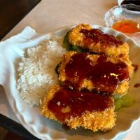 Deep fried tofu served atop broccoli and rice at Asian Vegan Bistro in Bakersfield