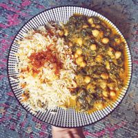 Rice with chick peas in spinach curry sauce at Noorjahan Flavours of India in Aachen