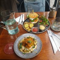 Chicken burger(i slept bad) , pommes out of stove. REAL MUSSTARD! at NIYA in Casablanca