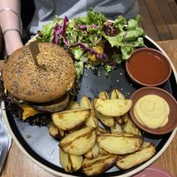 “Cheeseburger” (think veganism before we learnt how to make great mock meats) salad and wedges served with ketchup and a very very tasty mustard  at NIYA in Casablanca