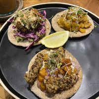 Taco Tuesday. “Fish” made from cauliflower and nori 5/10. Al pastor mushrooms with grilled pineapple, finally something with some taste! 7/10, avocado “tempura” 6/10.  at NIYA in Casablanca