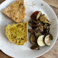 Stir fried veg, cornbread and oil   at El Patio in Tarifa
