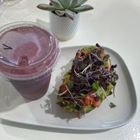 Guacamole toast and veganized mixed berry smoothie at The Power Plant Coffee in Moss Landing