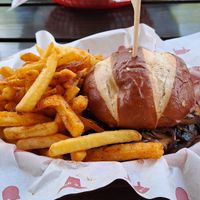 Magic Mushroom Burger with fries at The Tavern in Prague