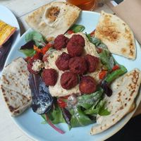 Beetroot falafel, roasted veg, hummus and flatbread at The Prince Rupert in Newark