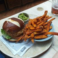 Thai style edemame burger with sweet potato chips at The Prince Rupert in Newark