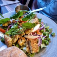 Chicken salad without chicken but with falafel, and an oily dressing at Café Storm in Aabenraa