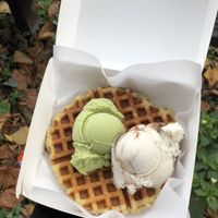waffle with matcha and banana ice cream  at Green Scoop Vegan in Berlin