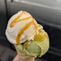 Matcha no Latte and salty peanut with caramel topping at Green Scoop Vegan in Berlin