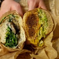 Portobello mushroom, spinach and blue cheese on white and satay meat substitute with a pickled salad on wholemeal. #Veganuary at Margo's Amsterdam - Jordaan in Amsterdam