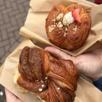Tahini bun en croissant achtige met aardbei en zurige room  at Margo's Amsterdam - Jordaan in Amsterdam