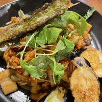 Pasta chili soymeat and seasonal vegetables with organic tomato sauce  at Unique (V) Pizzeria SUKHASANA in Osaka