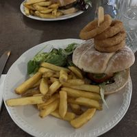 Falafel and spinach burger with fries and onion rings  at The Lochy in Fort William