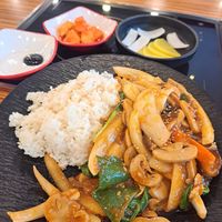 Mushrooms and vegetables in a sweet and sour sauce with rice. Plus complimentary pickles. at Chinatown - 서귀포 차이나타운 in Seogwipo