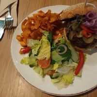 Burger with sweet potato chips/crisps at Vegan Oasis in Tallinn