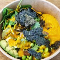 Mix of sweet potato puree, avocado, quinoa, topped with nori seaweed at Fat Monk - Wien Mitte in Vienna