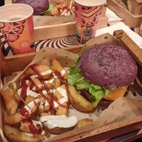 Flower burger with patatas bravas at Flower Burger - Corso Garibaldi in Milan