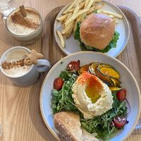 Hummus pumpkin salad, avocado burger and fries, pumpkin spice and gingerbread latte.   at Plant Cafe & Kitchen - Yeonnam in Seoul