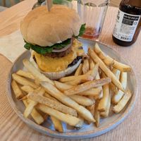Plant cheeseburger and fries, with the Ark IPA in the background. at Plant Cafe & Kitchen - Yeonnam in Seoul