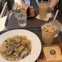 Truffle cream pasta and chocolate peanut butter cake  at Plant Cafe & Kitchen - Yeonnam in Seoul