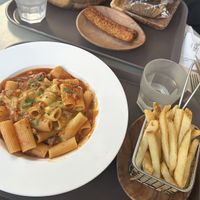 Pasta with chicken bowl, tempeh, fries and brownie   at Plant Cafe & Kitchen - Yeonnam in Seoul