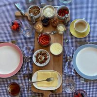 Breakfast table, fully vegan at Bed and Breakfast 1889 in Sint Geertruid
