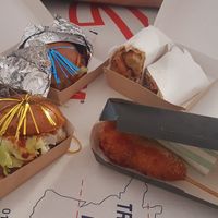 Corn dog + Gangnam burger + Falafel wrap at GangNam Falafel in Paris