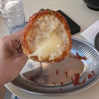 Cheesy corn dog filling at GangNam Falafel in Paris