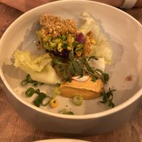 Starter: Tacos - Nori Tempura with corn and beetroot. Great umami sauce    at Le Very'table  in Lunel