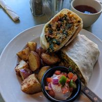 Vegan breakfast burrito, with home fries at Flying Saucer in Chicago