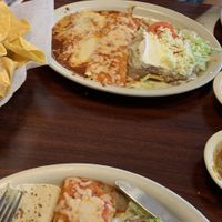 Combos C & D plus sautéed veggies, chips & salsa, and guacamole. All delicious. at Cancun Mexican Restaurant in Crossville