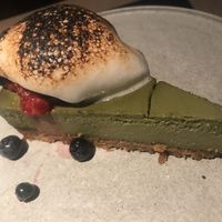 Matcha “cheese”cake with torched something at PLANTA Queen in New York City