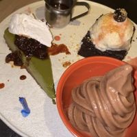 Matcha cheesecake, chocolate ice cream, brownie   at PLANTA Queen in New York City