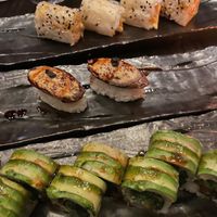 BAKED CRAB ROLL, UNAGI EGGPLANT NIGIRI, DRAGON ROLL at PLANTA Queen in New York City