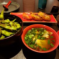 Won ton soup and chili edamame at PLANTA Queen in New York City