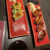 Torched and Pressed on the left. Unagi eggplant nigiri on the right.  at PLANTA Queen in New York City