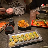 Left to right to bottom: Ahi Watermelon Nigiri, Bang Bang Broccoli, Japanese Sweet Potato, Torched & Pressed. at PLANTA Queen in New York City
