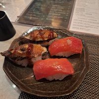 Unagi eggplant and ahi watermelon nigiri at PLANTA Queen in New York City