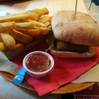 Hazelnut burger and fries with ketchup at Beastie Burgers in Ieper