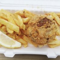 Vegan fishcake and chips at Harbour Lights Fish & Chips in Falmouth