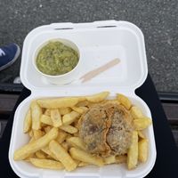 Fish cake, chips and peas  at Harbour Lights Fish & Chips in Falmouth